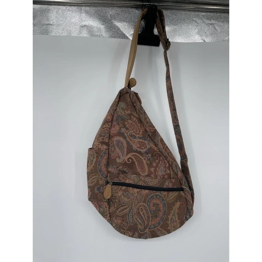LL Bean Vintage Tapestry Leather Trim Sling Backpack